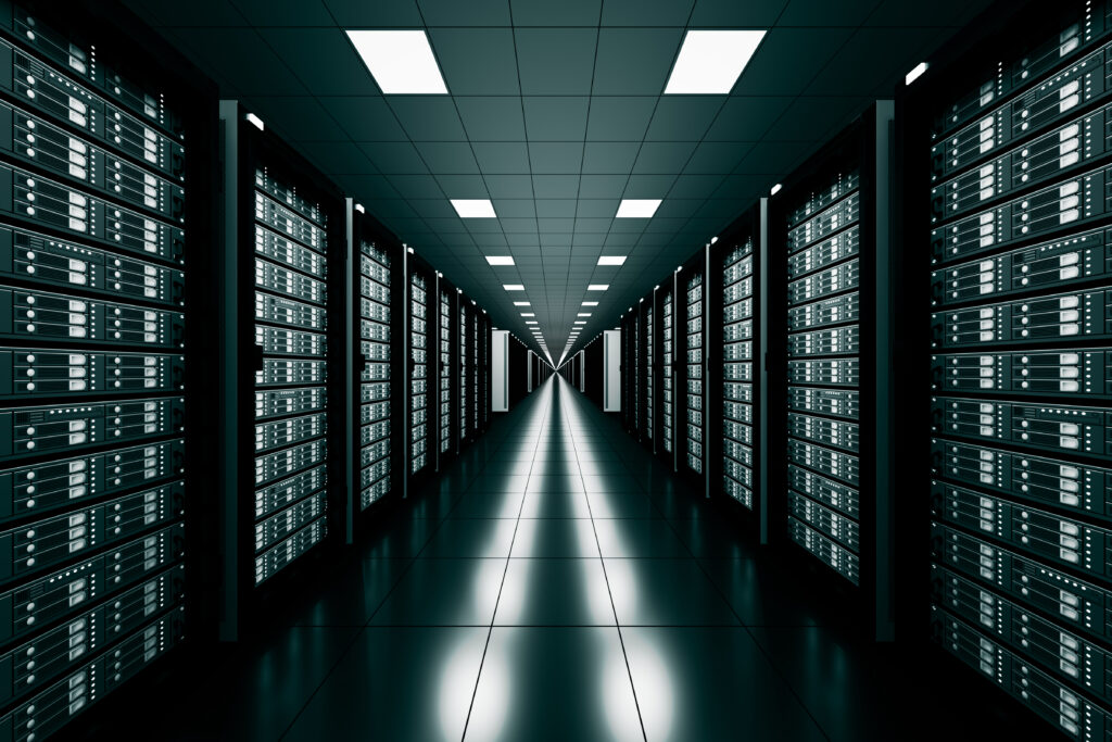 design element. 3D illustration. rendering. server room in data center full of telecommunication equipment. internet. big data storage. cloud computing technology